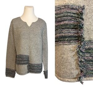J Jill M Gray Lambswool Angora Knit Pullover V-neck Long Sleeve Fringe Sweater